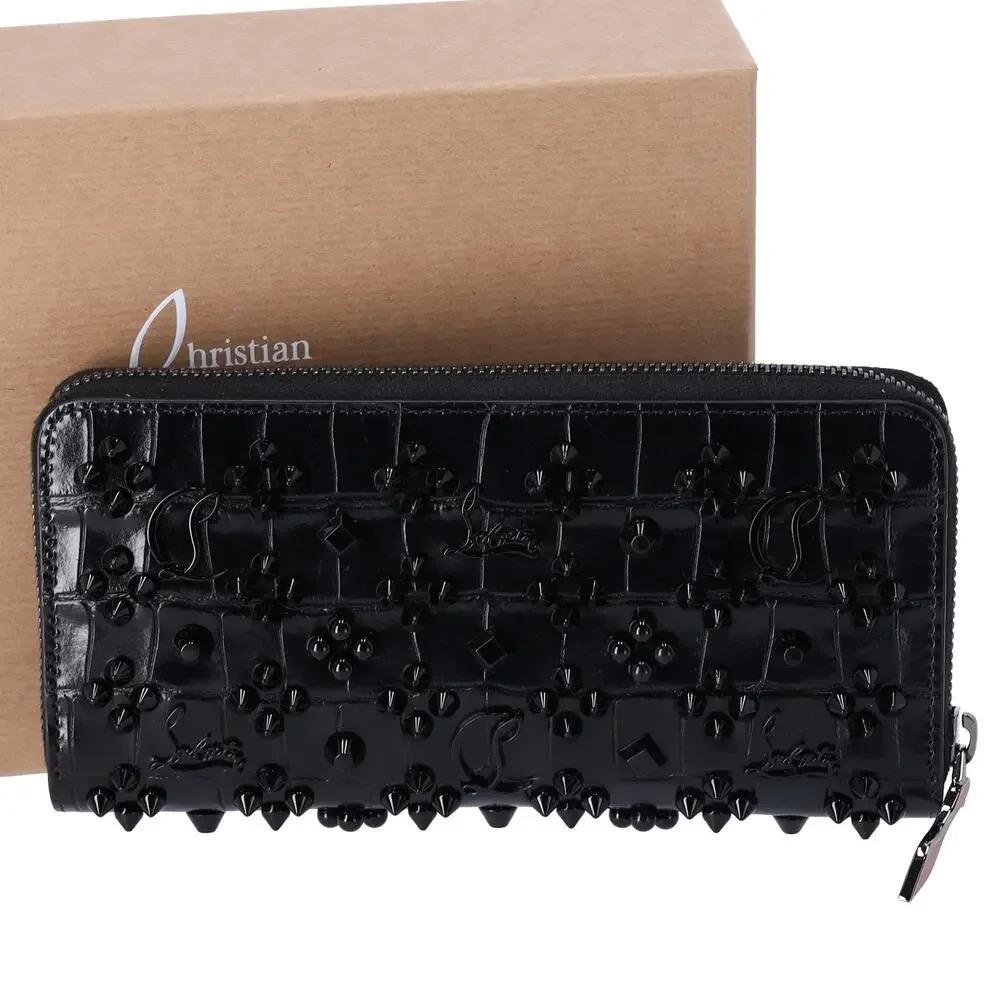 Christian Louboutin Long Wallet Black Leather Spike Stud Embellished